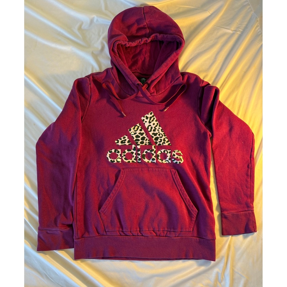 Adidas Women's Leopard Print Logo Hoodie Berry Purple Pullover Sweatshirt Small